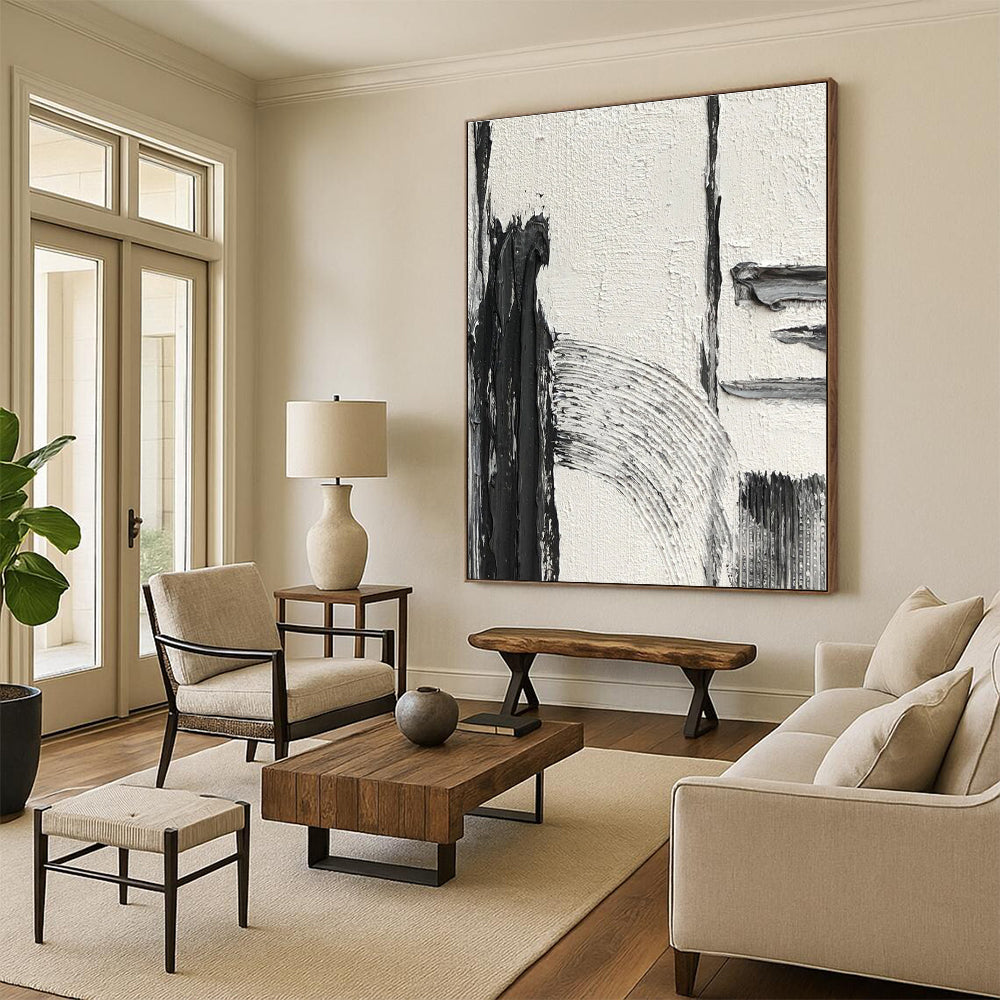 Black - White - Gray Textured Abstract Painting for Modern Hallways HENG386
