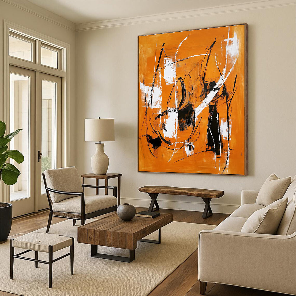 Orange Black White Abstract Painting with Dynamic Lines WINK659