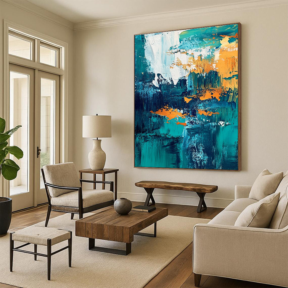 Teal and Gold Abstract Composition Painting for Coastal - Inspired Residences GAB1168