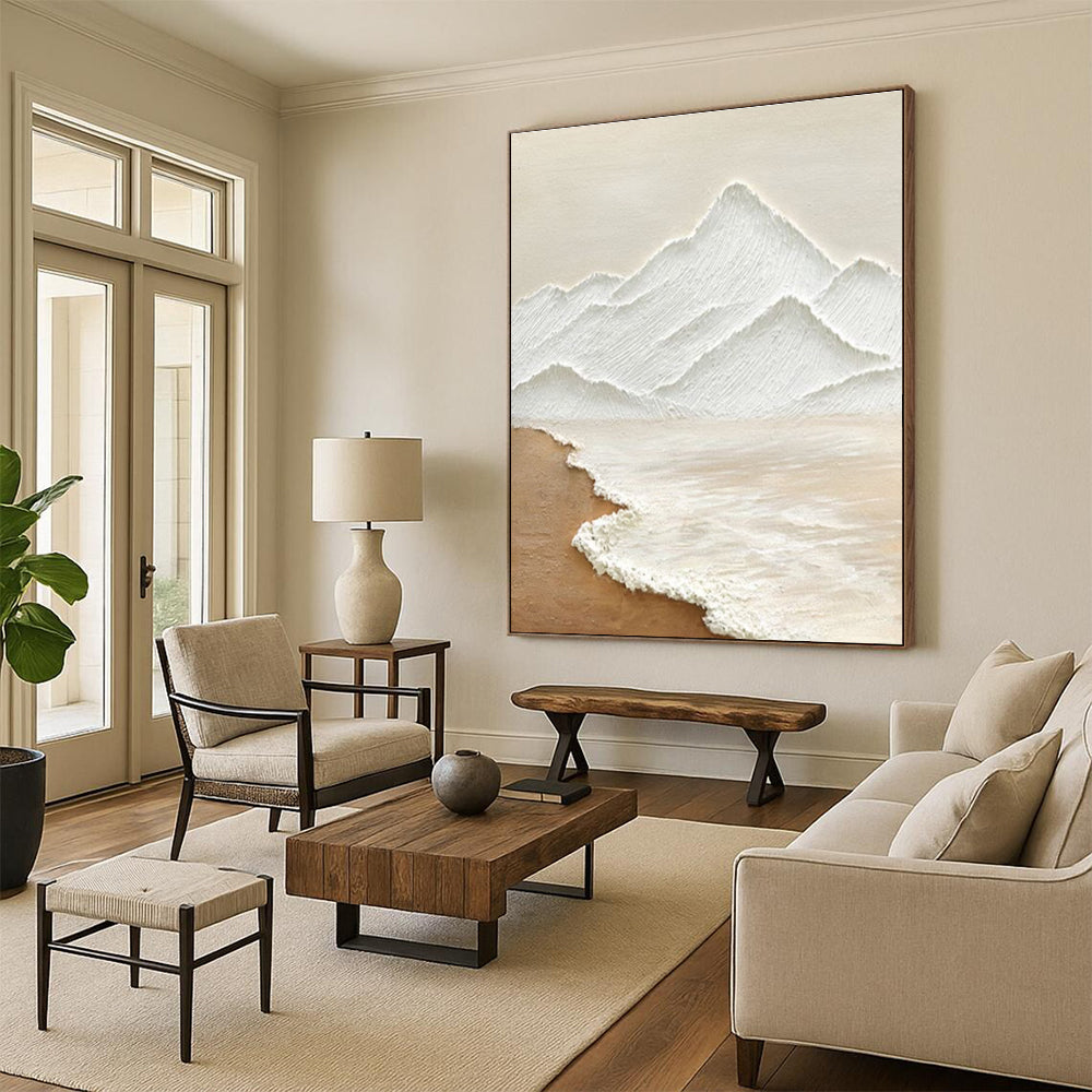 Minimalist Textured Mountain & Sea Abstract Painting for Serene Spaces HENG273