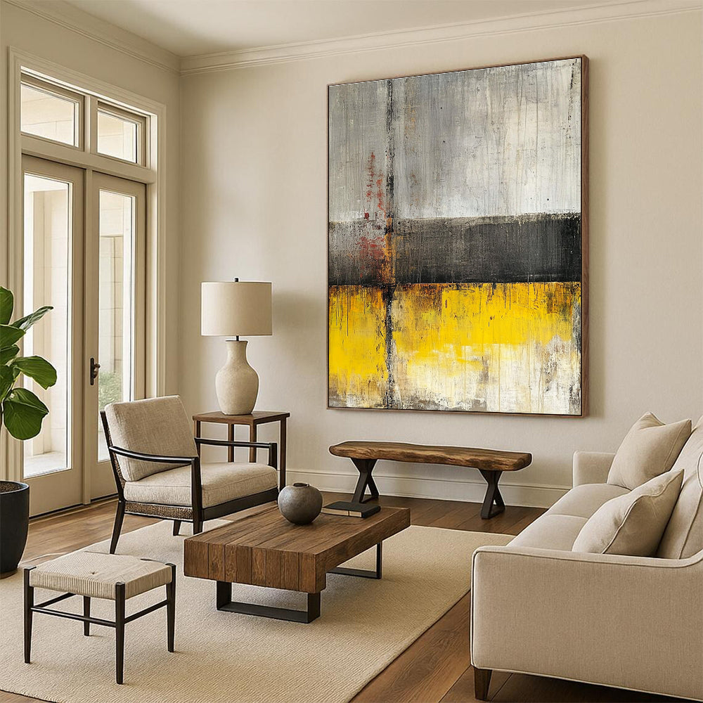 Gray - Yellow Abstract Cross Painting with Industrial Charm WINK422