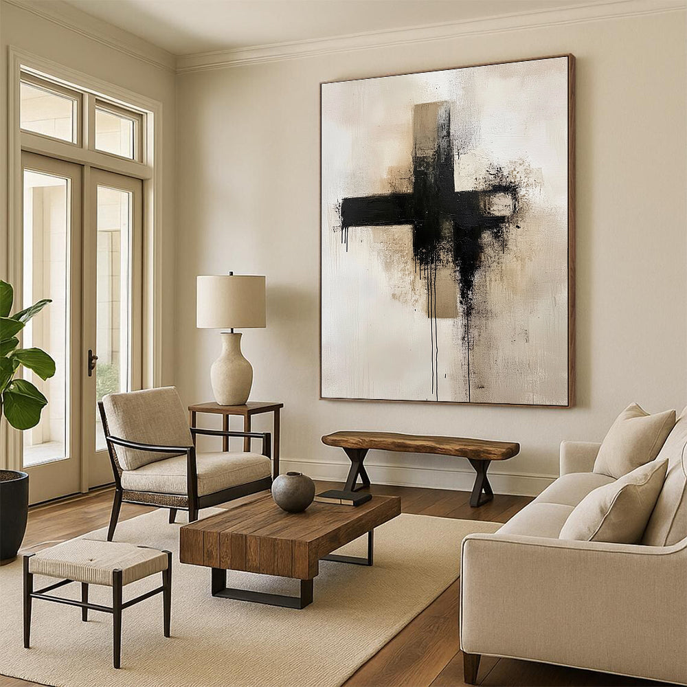 Dripping Black Cross Abstract Painting for Contemporary Art Galleries GAB1102