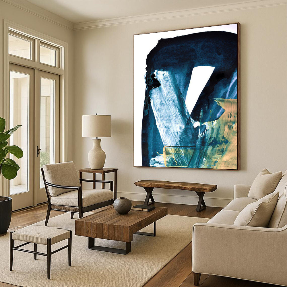 Blue - Toned Abstract with Gold Accents Painting for Luxury Home Entrances HENG190