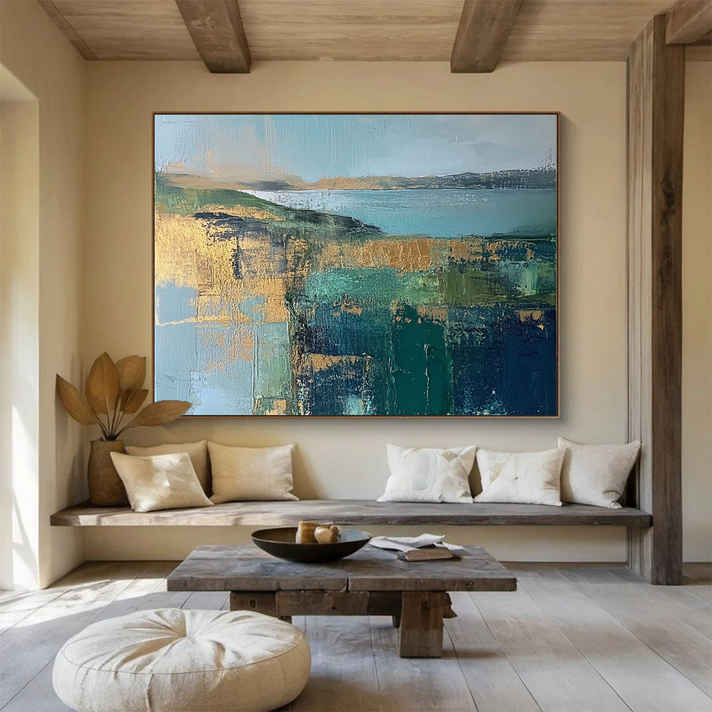 Coastal Landscape Abstract Painting with Teal and Gold ABS268