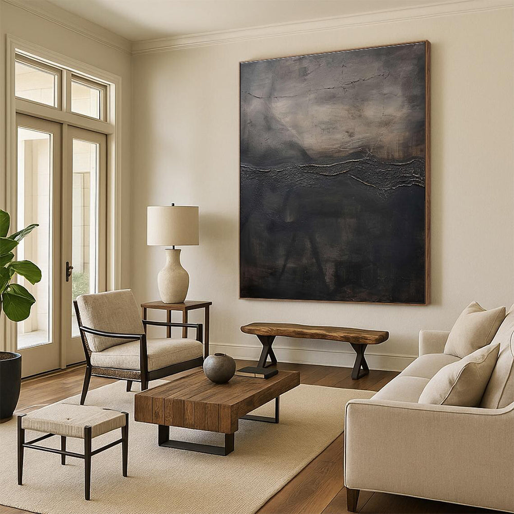 Textured Dark Abstract Landscape Painting for Avant - Garde Art Spaces HENG515