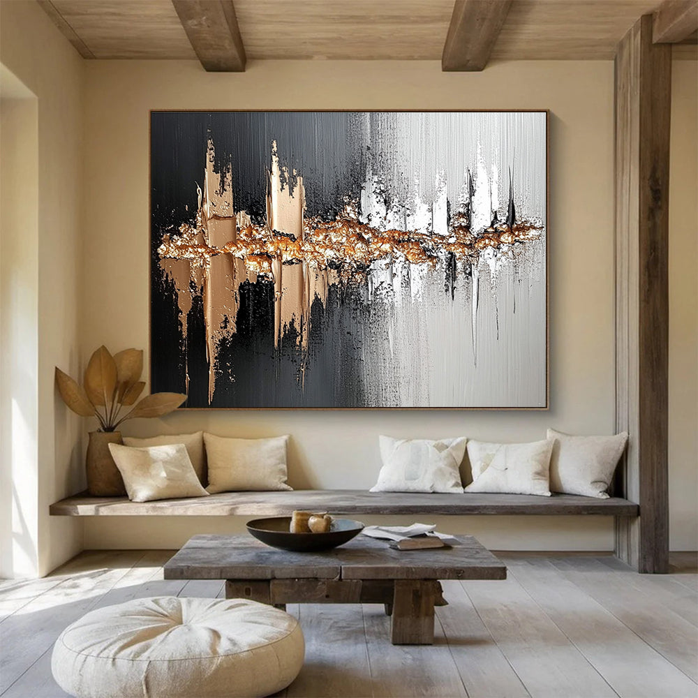 Black, White, and Gold Textured Abstract Painting ABS303