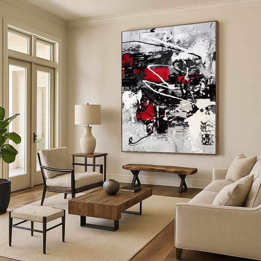 Red - Black - White Dynamic Abstract Painting for Creative Studios HENG383