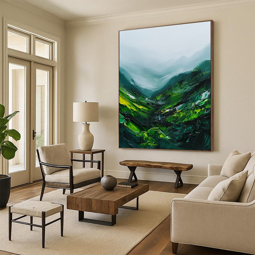 Misty Green Mountains Abstract Painting for Nature - Inspired Retreats GAB1070