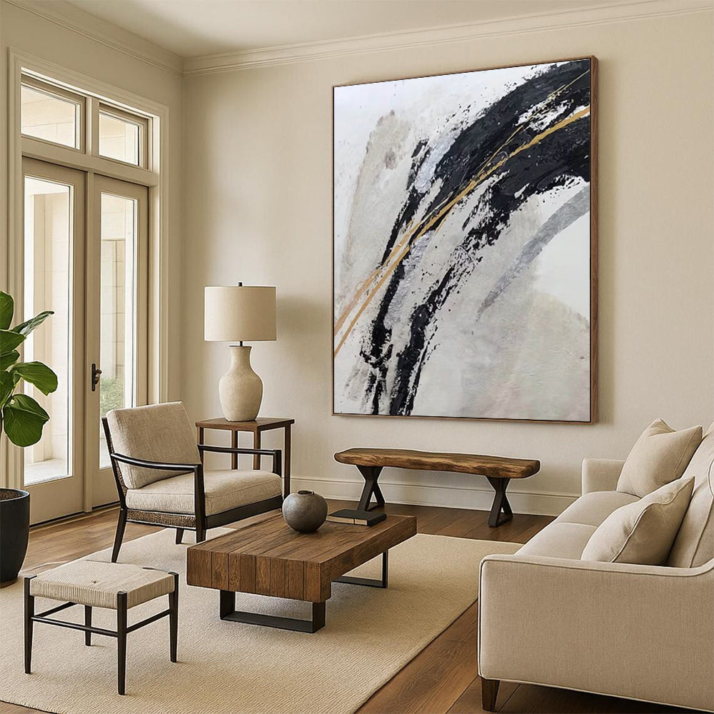 Luxurious Black - Gold Abstract Strokes Painting for Opulent Spaces HENG249