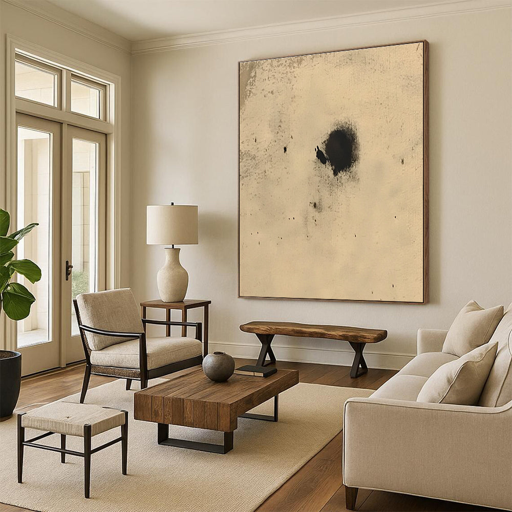 Small Black Spots on Beige Abstract Painting with Subtle Intrigue WINK018