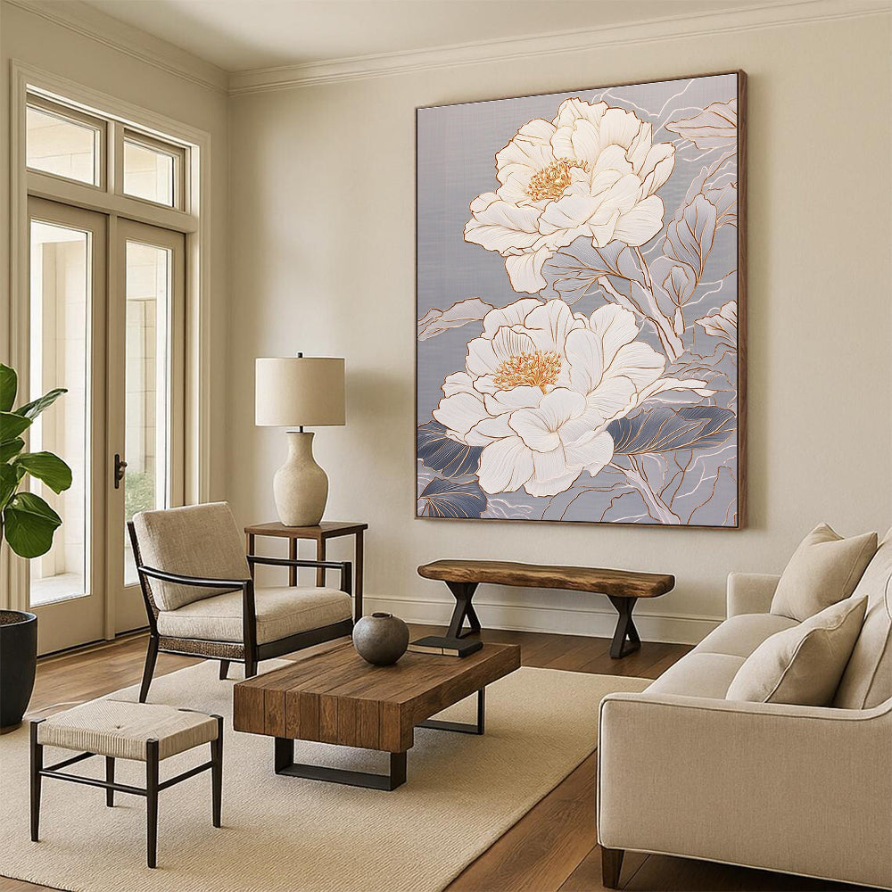White Peonies with Gold Elegant Abstract Painting for Luxury Spaces GAB1478