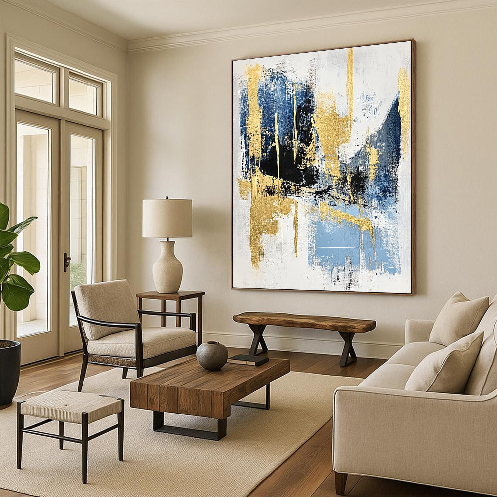 Blue Gold Black Abstract Painting with Elegant Drama WINK523