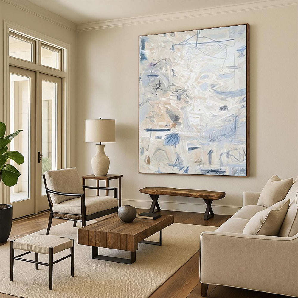 Light - Toned Abstract with Blue Marks Painting for Coastal - Inspired Bedrooms HENG144