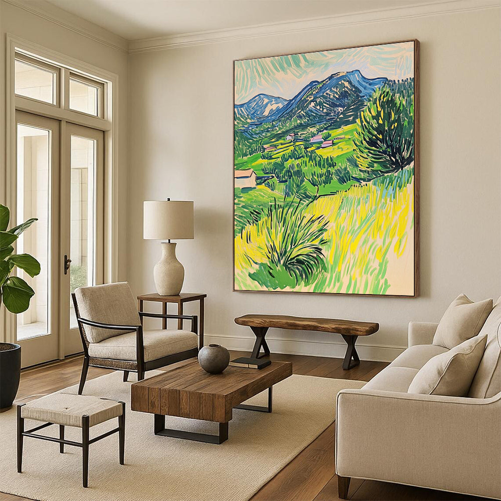 Vibrant Mountain Village Painting of Lively Rural Scenery GAB0152
