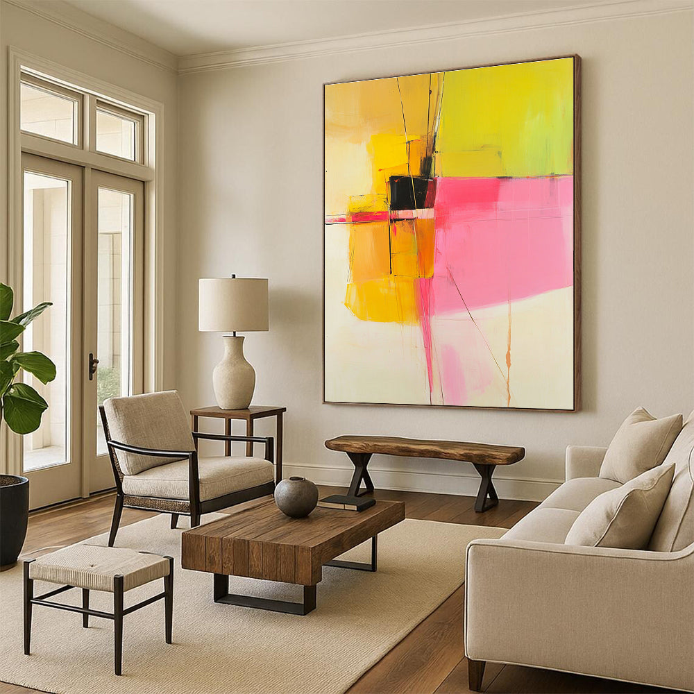 Yellow Pink Geometric Abstract Painting with Bold Contrasts WINK692
