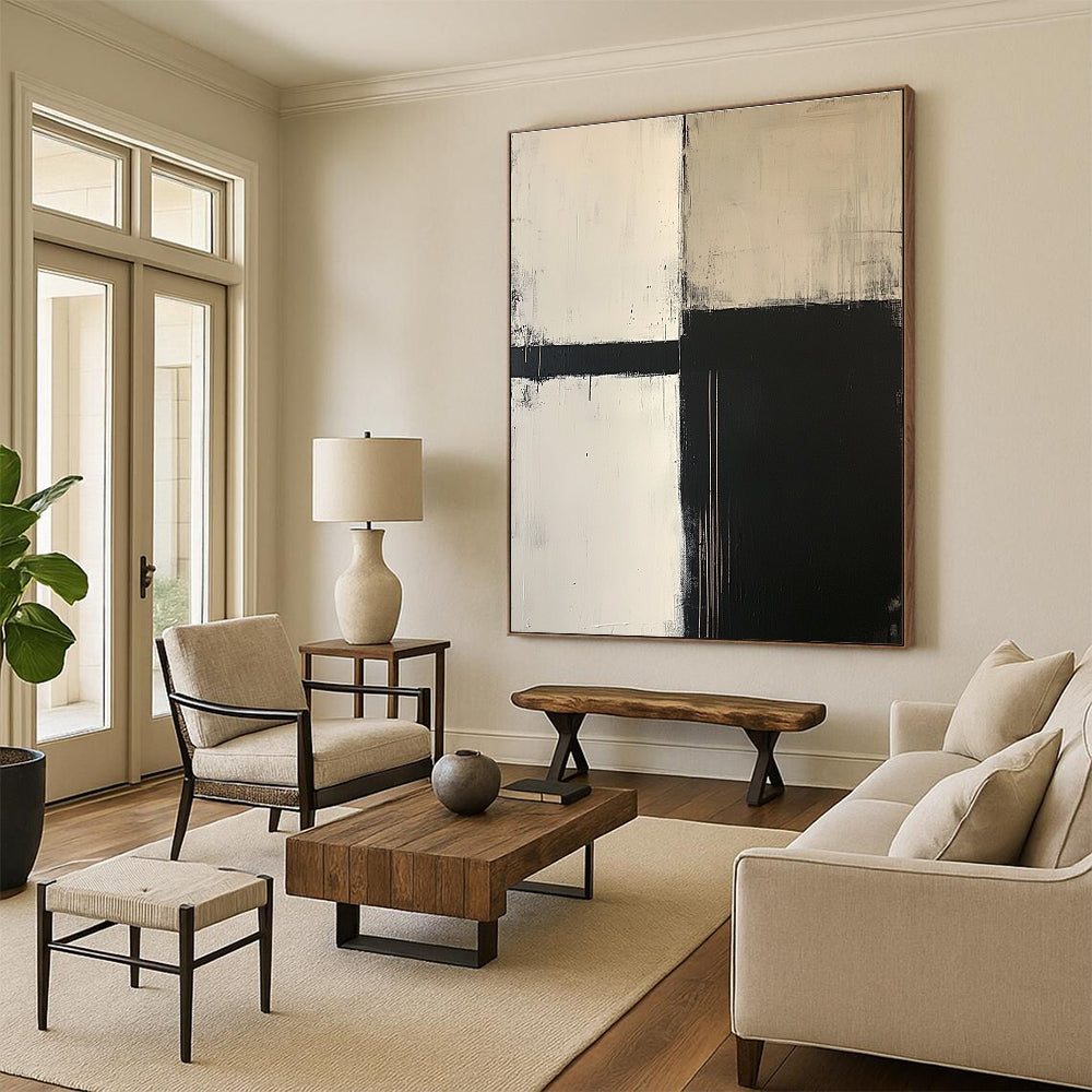 Black White Geometric Abstract Painting with Minimalist Design WINK650