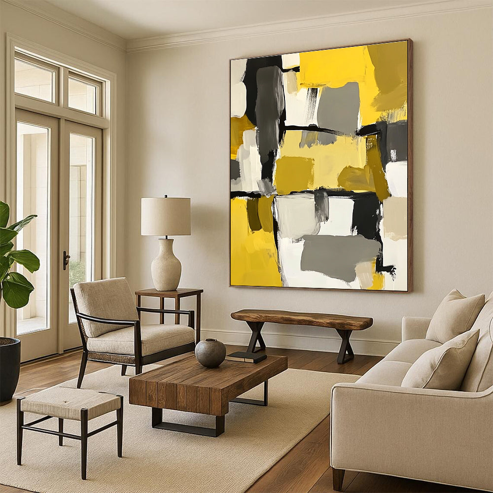 Yellow Gray Abstract Blocks Painting with Playful Composition WINK646