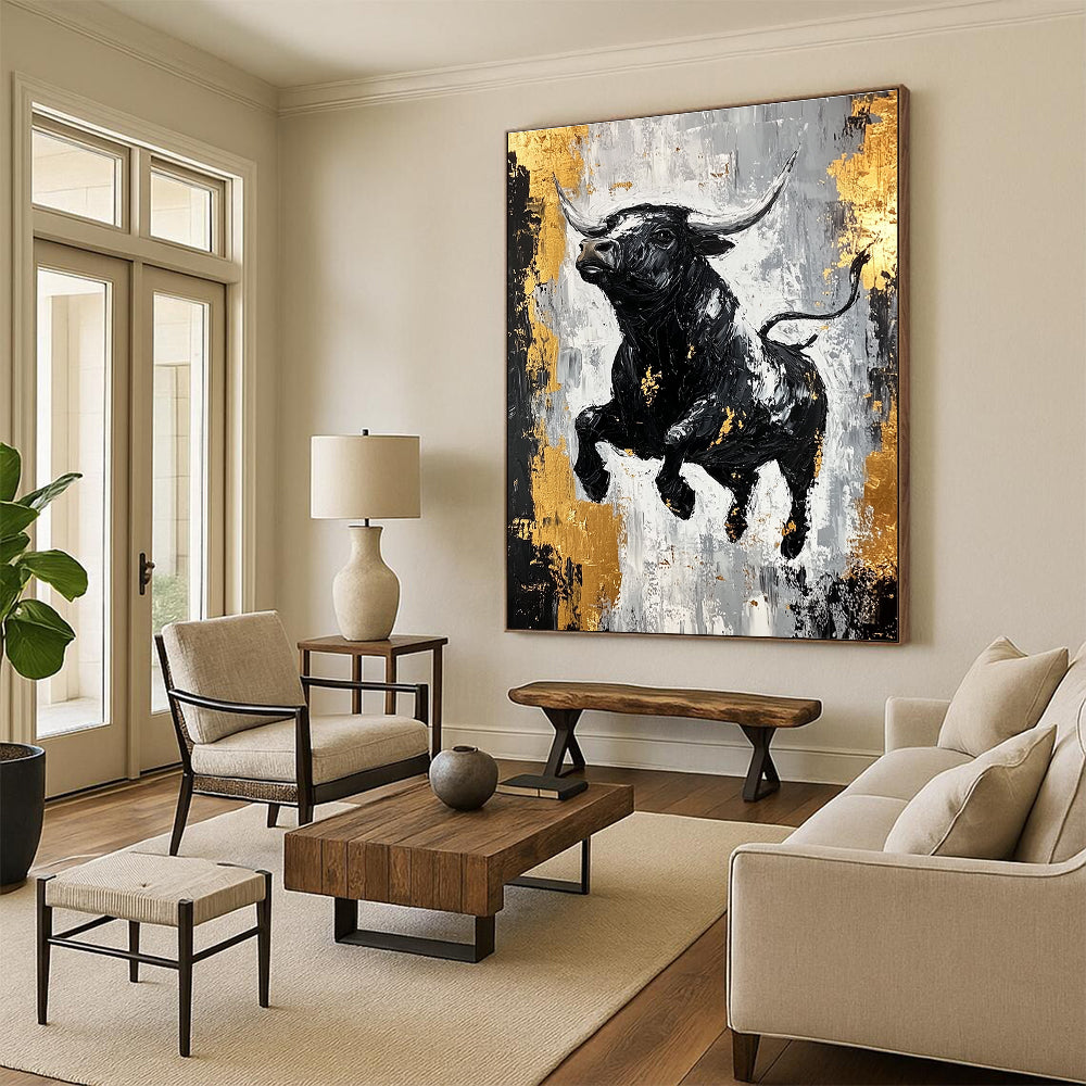 Dynamic Black Bull with Gold Accents Abstract Painting GAB0032
