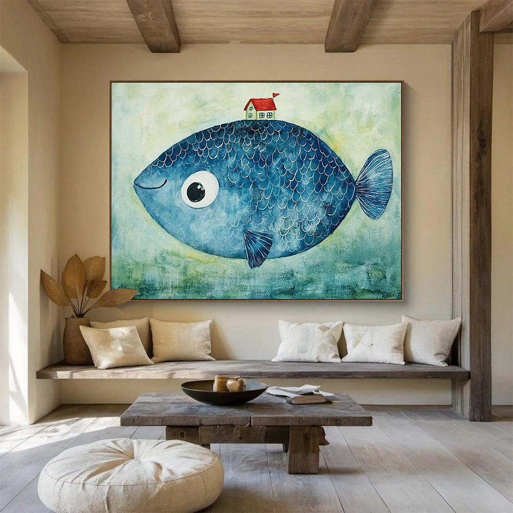 Blue Fish with a House  Whimsical Fantasy ABS069