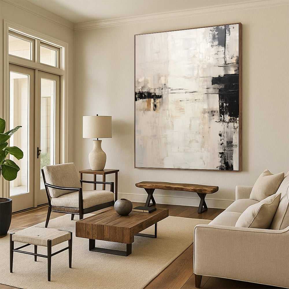 Black - White - Beige Abstract Painting for Minimalist Home Interiors HENG131