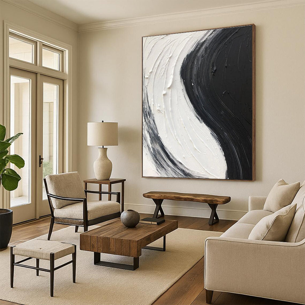 Black - White Textured Stripe Art Abstract Painting for Monochrome Dining Rooms HENG376