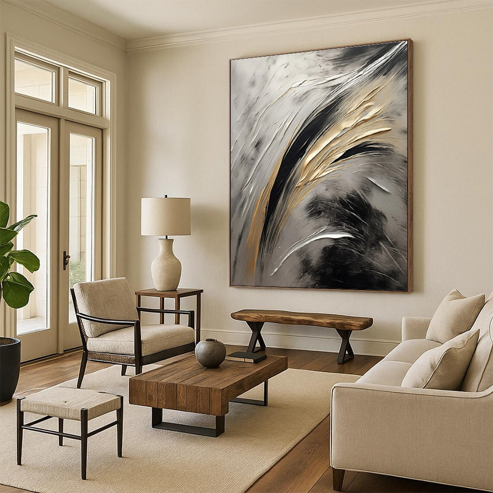 Silver - Gold - Black Abstract Painting for Luxury Home Interiors HENG126