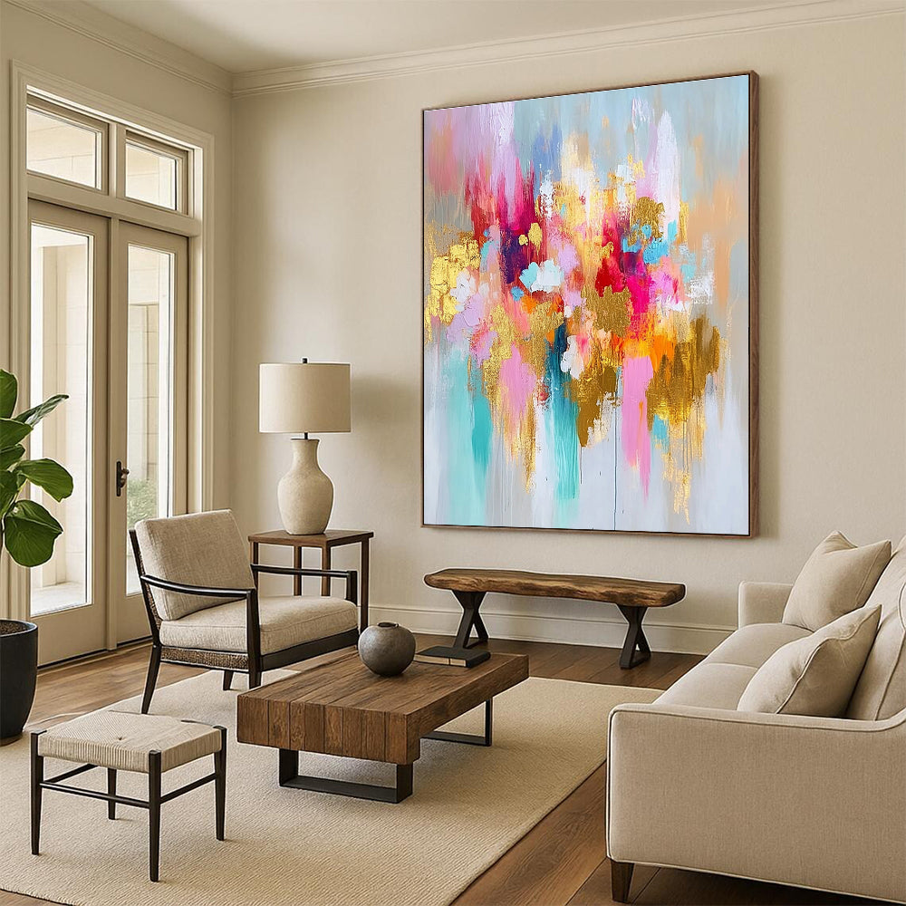 Colorful Gold Abstract Flowers Painting with Delicate Glows WINK675