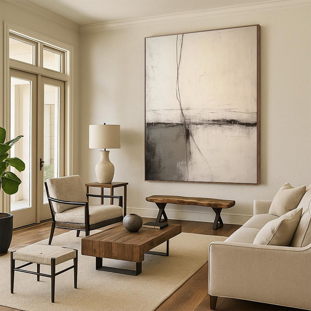 Beige Layered Minimalist Abstract Painting for Calm Interiors HENG370