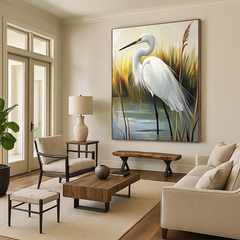 White Egret Realistic - Abstract Painting for Nature - Themed Home Offices GAB1331