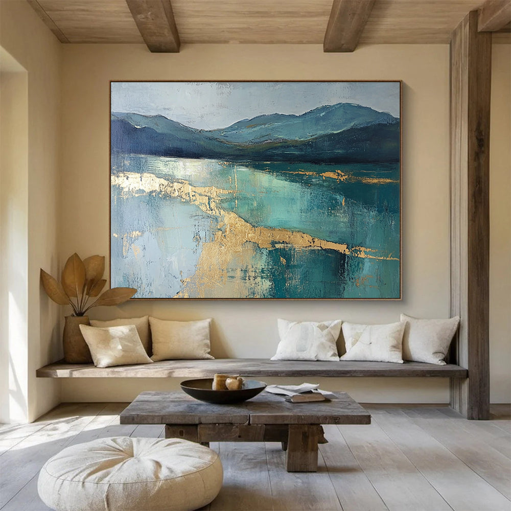 Mountain Lake Abstract Painting with Teal and Gold ABS266