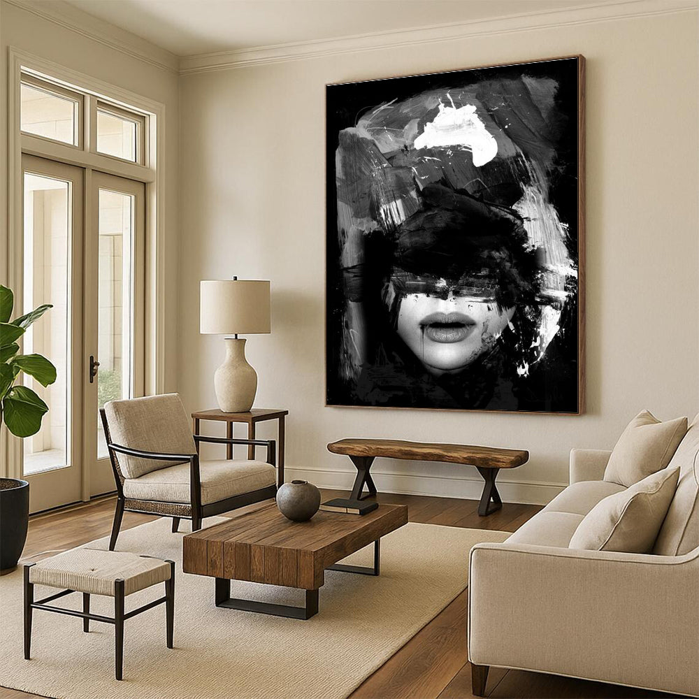 Evocative Black - White Abstract Portrait Painting for Contemporary Galleries HENG232