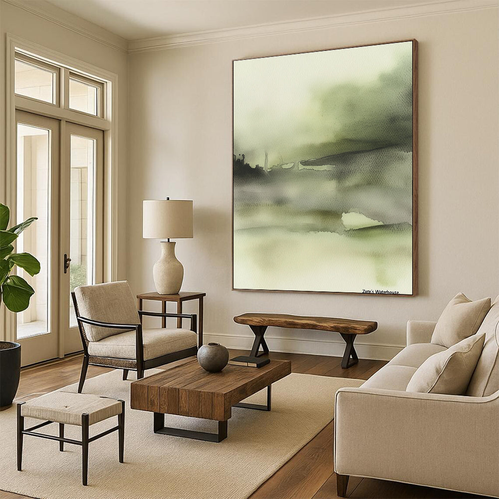 Misty Green Watercolor - Serene Landscape Abstract Art GAB0508