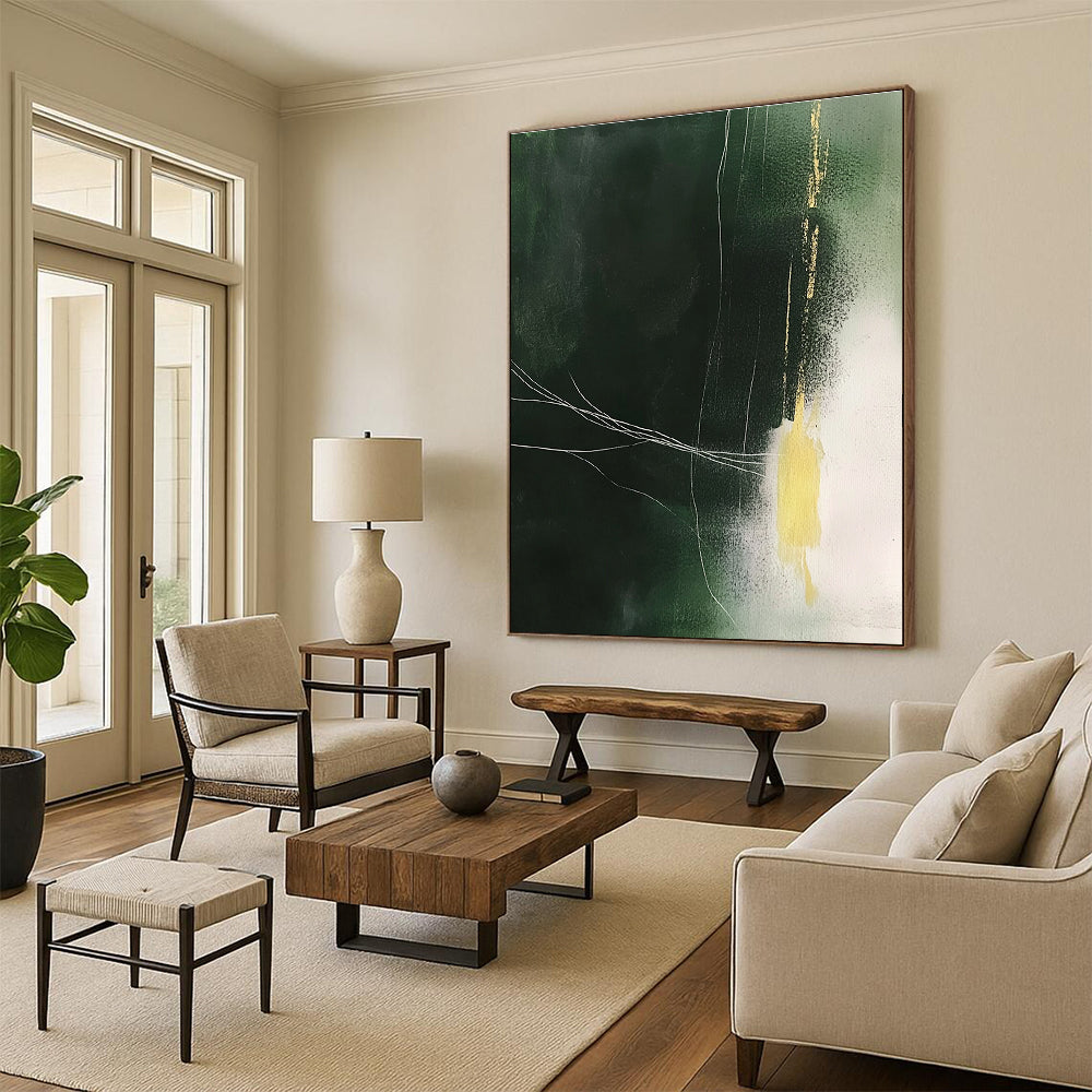 Dark Green with Gold and White Abstract Painting of Subtle Luxury GAB0182