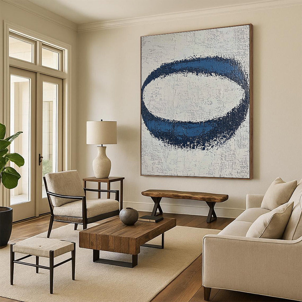 Blue Oval on Textured White Abstract Painting with Tactile Simplicity WINK024