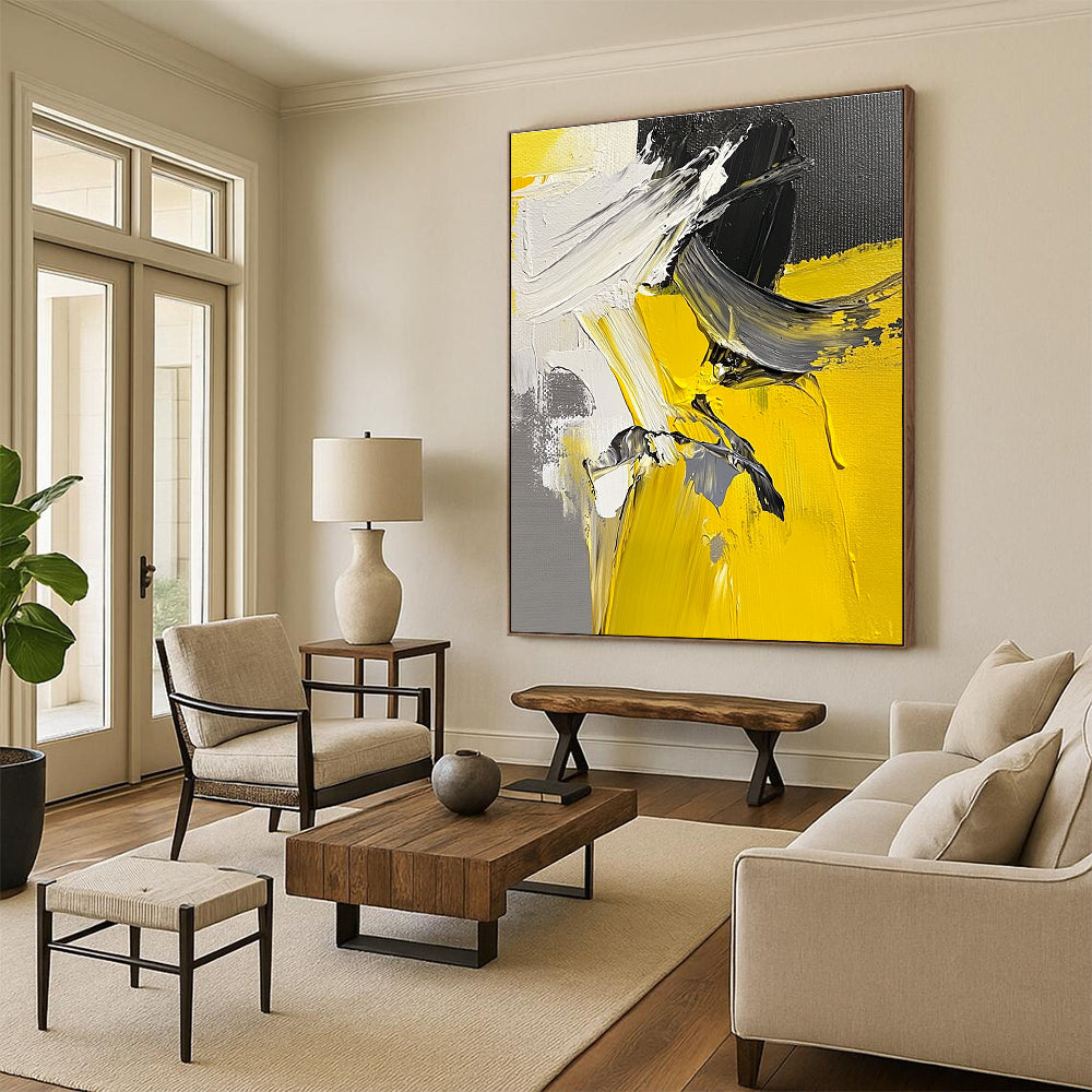 Yellow Black White Abstract Painting with Dynamic Energy WINK552
