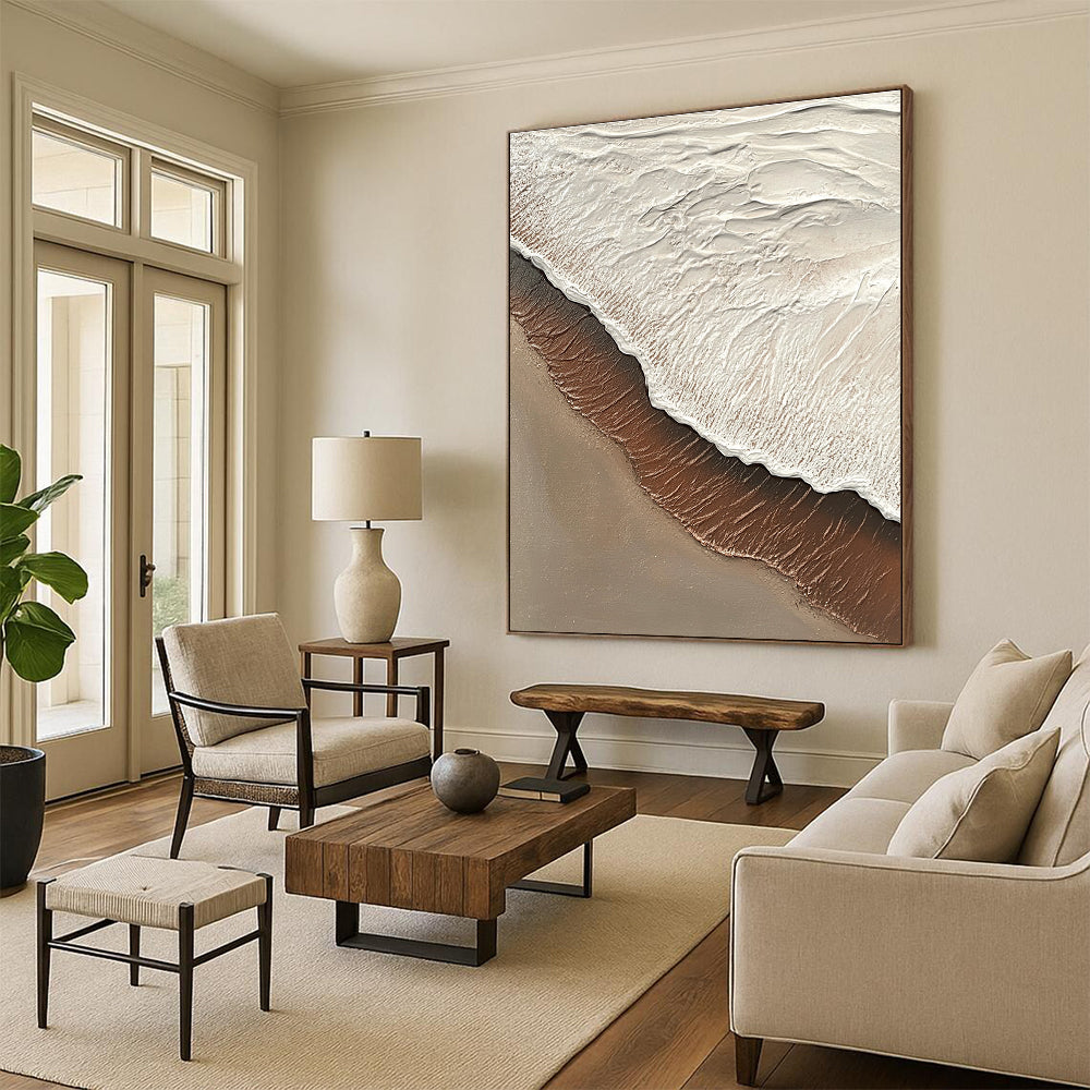 Textured Beach Wave in Brown and White Abstract Painting with Coastal Textures GAB0079