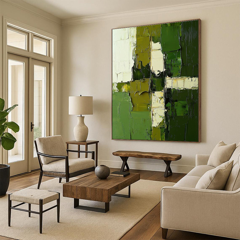 Green White Geometric Abstract Painting with Textured Precision WINK606