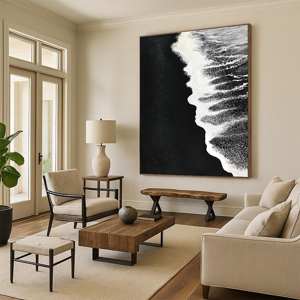Black and White Beach Minimalist Abstract Painting for Monochrome Lovers GAB1475