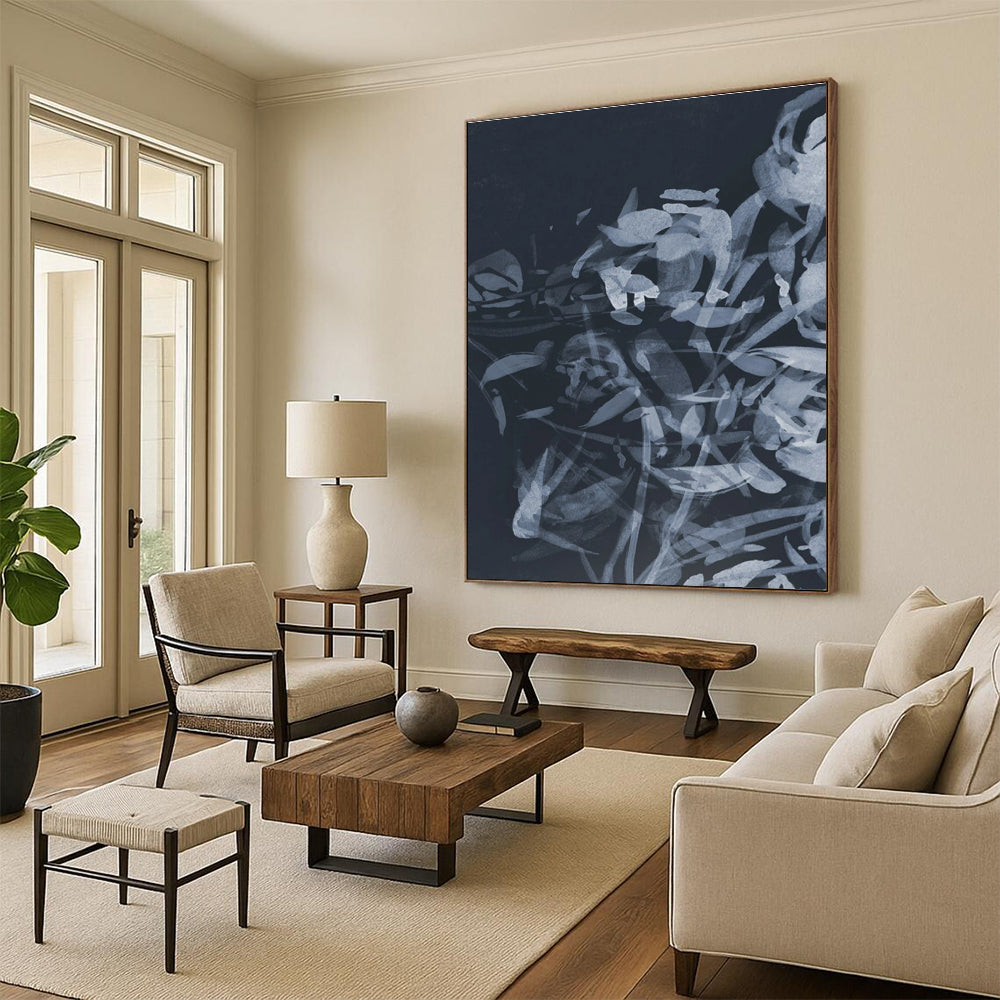 Elegant Monochromatic Floral Silhouette Abstract Painting for Sophisticated Spaces HENG240