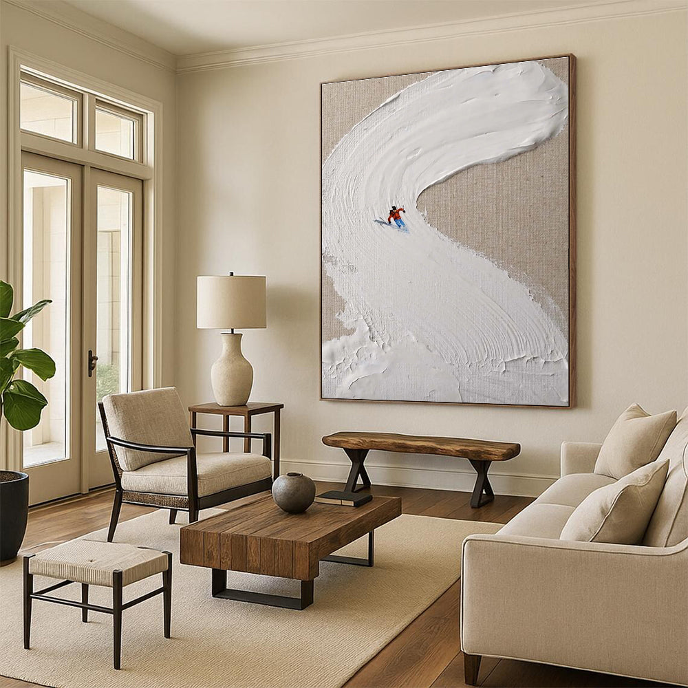 Mini Skier on White Slope Abstract Painting for Winter - Sports Lovers HENG311