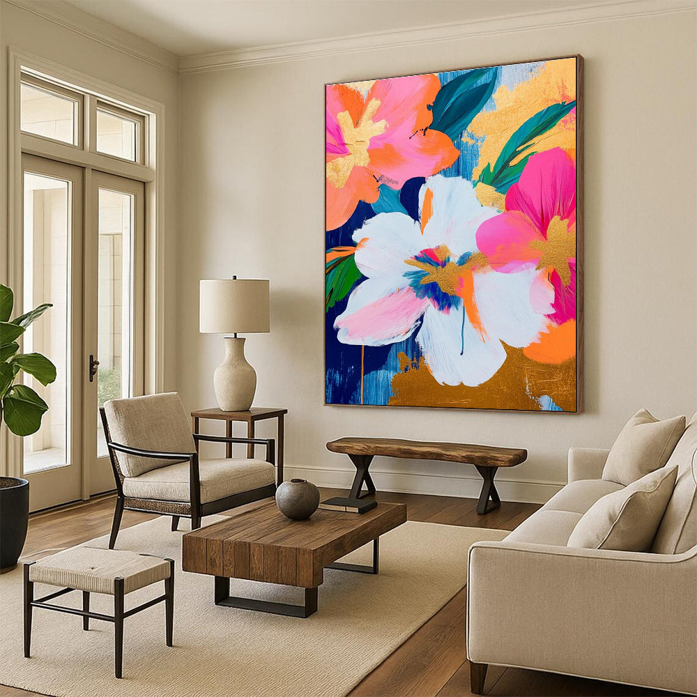 Cheerful Floral with Gold Accents Painting for Lively Interiors HENG284