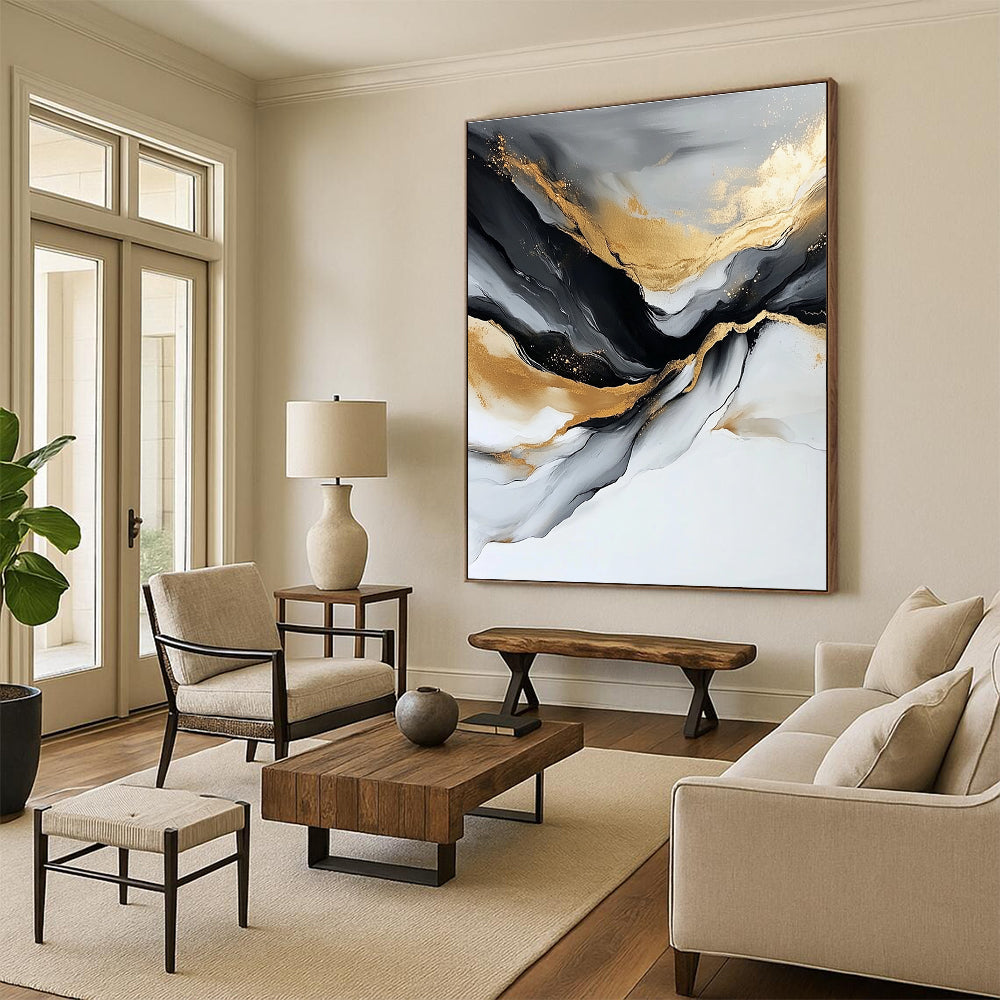 Gray - Gold Abstract Waves Painting with Opulent Serenity WINK417
