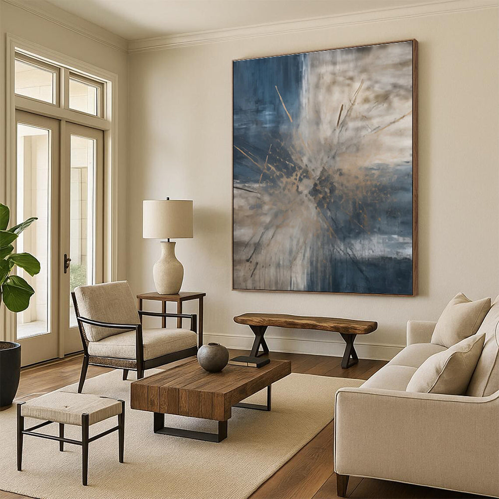 Blue - Gray - Brown Abstract Burst Painting for Contemporary Art Galleries HENG119