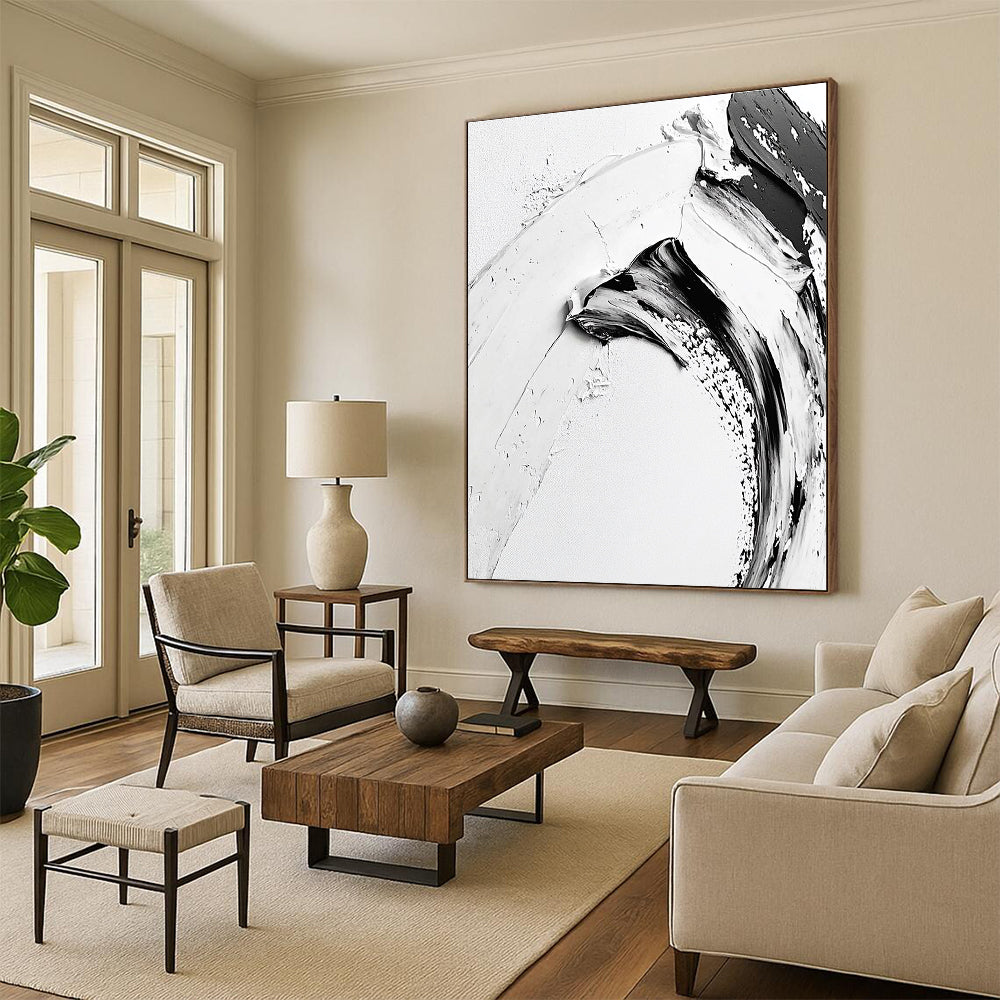Curved Black - White Abstract Painting with Graceful Contrast WINK351
