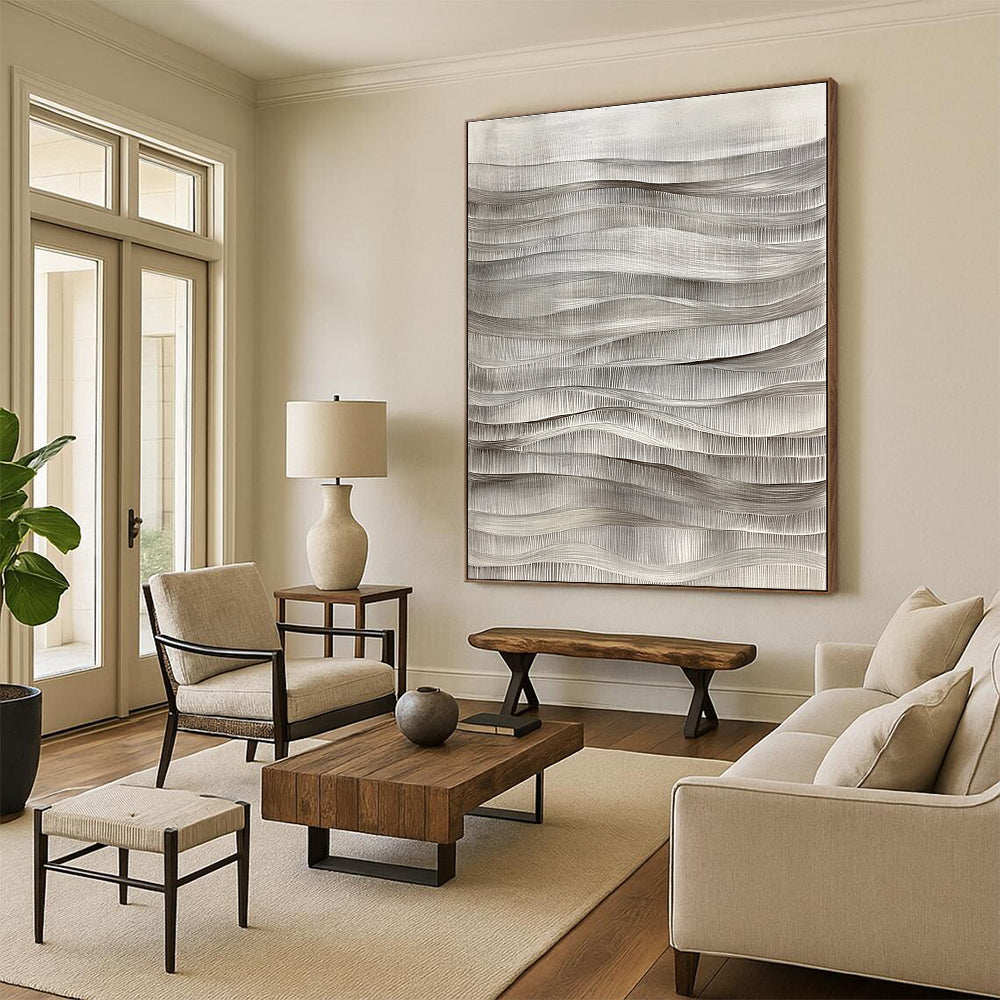 Grey Wavy Lines Textured Abstract Painting for Minimalist Spaces GAB1480