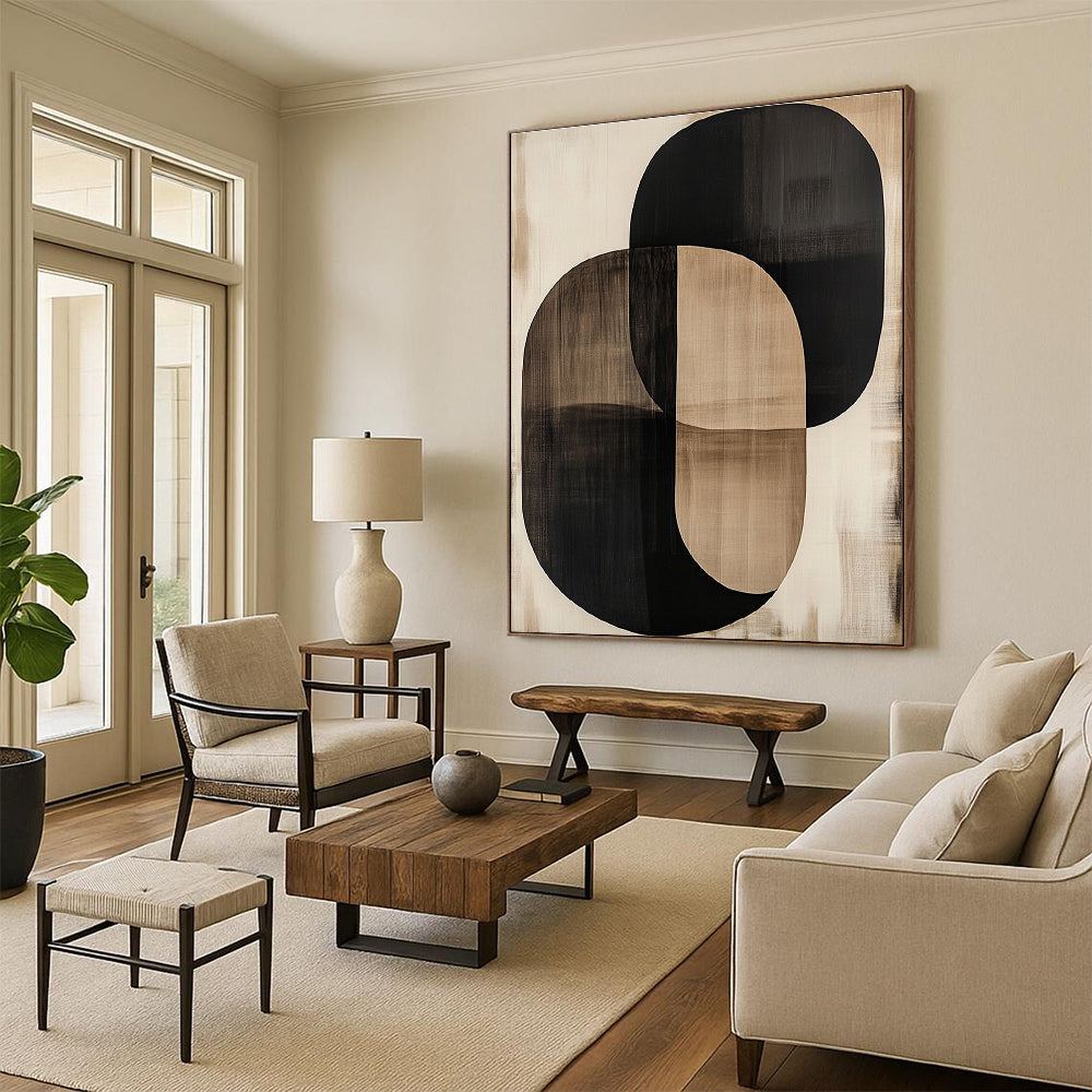 Overlapping Black and Beige Ovals Abstract Painting with Subtle Layers WINK244