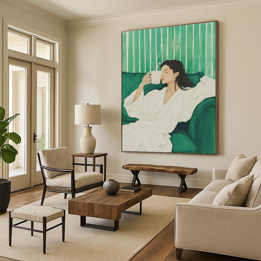 Woman with Coffee on Green Sofa Painting of Relaxed Comfort GAB0135