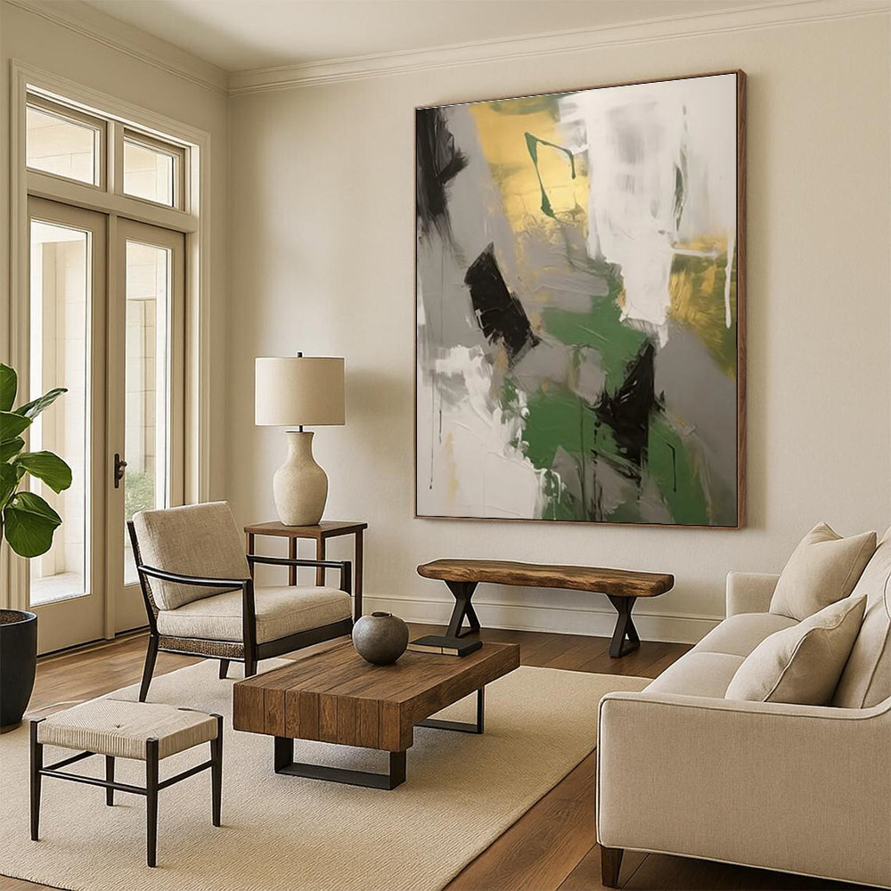Green - Gray - Gold Abstract Painting for Eco - Friendly Workspaces HENG115