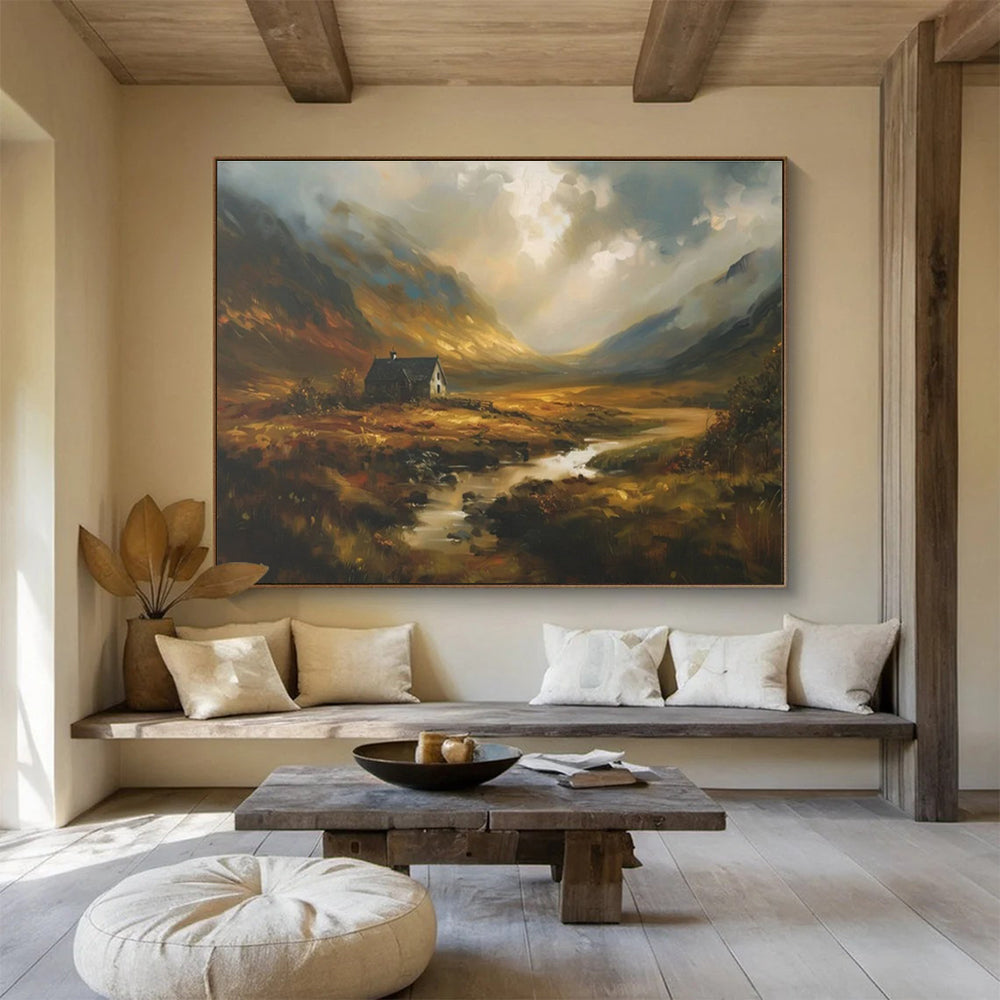 Mountain Cottage Abstract Painting for Rustic Lodge Living Rooms YHT402