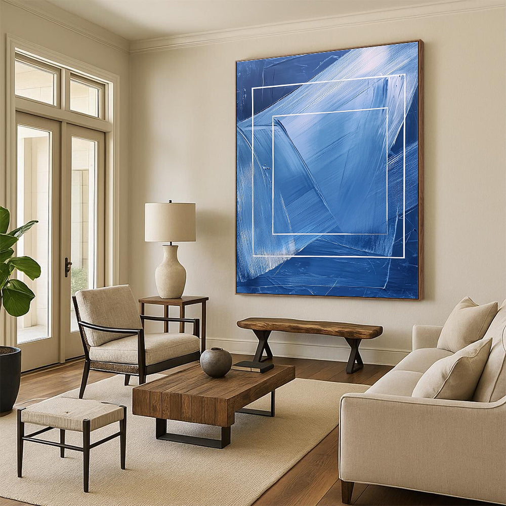 Blue and White Frame Abstract - Geometric Minimalist Abstract Painting GAB0470